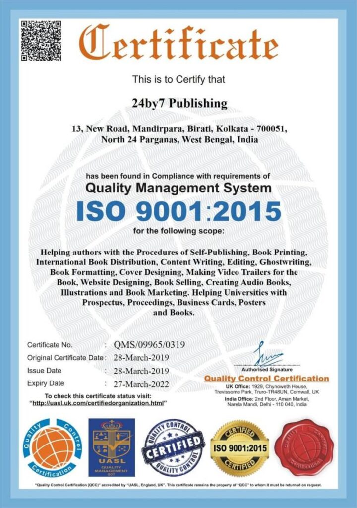 ISO certificate, ISO certified publishing company, 24by7Publishing, quality management certification, ISO 9001:2015, publishing industry standards, certified self publishing company, ISO compliance 2019–2022